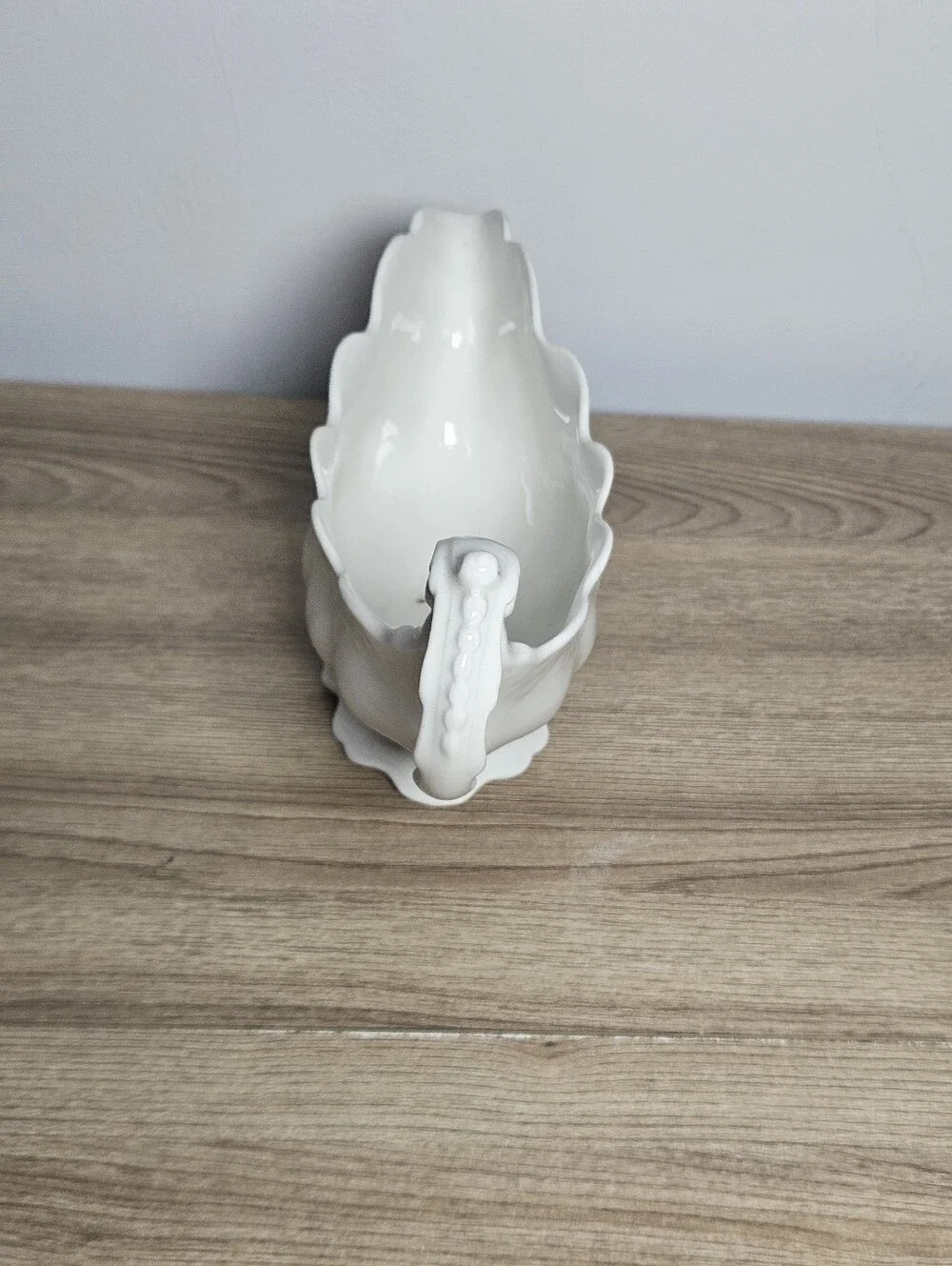 Vintage White Ceramic Gravy Boat Scalloped Embossed Scroll Handle Unmarked